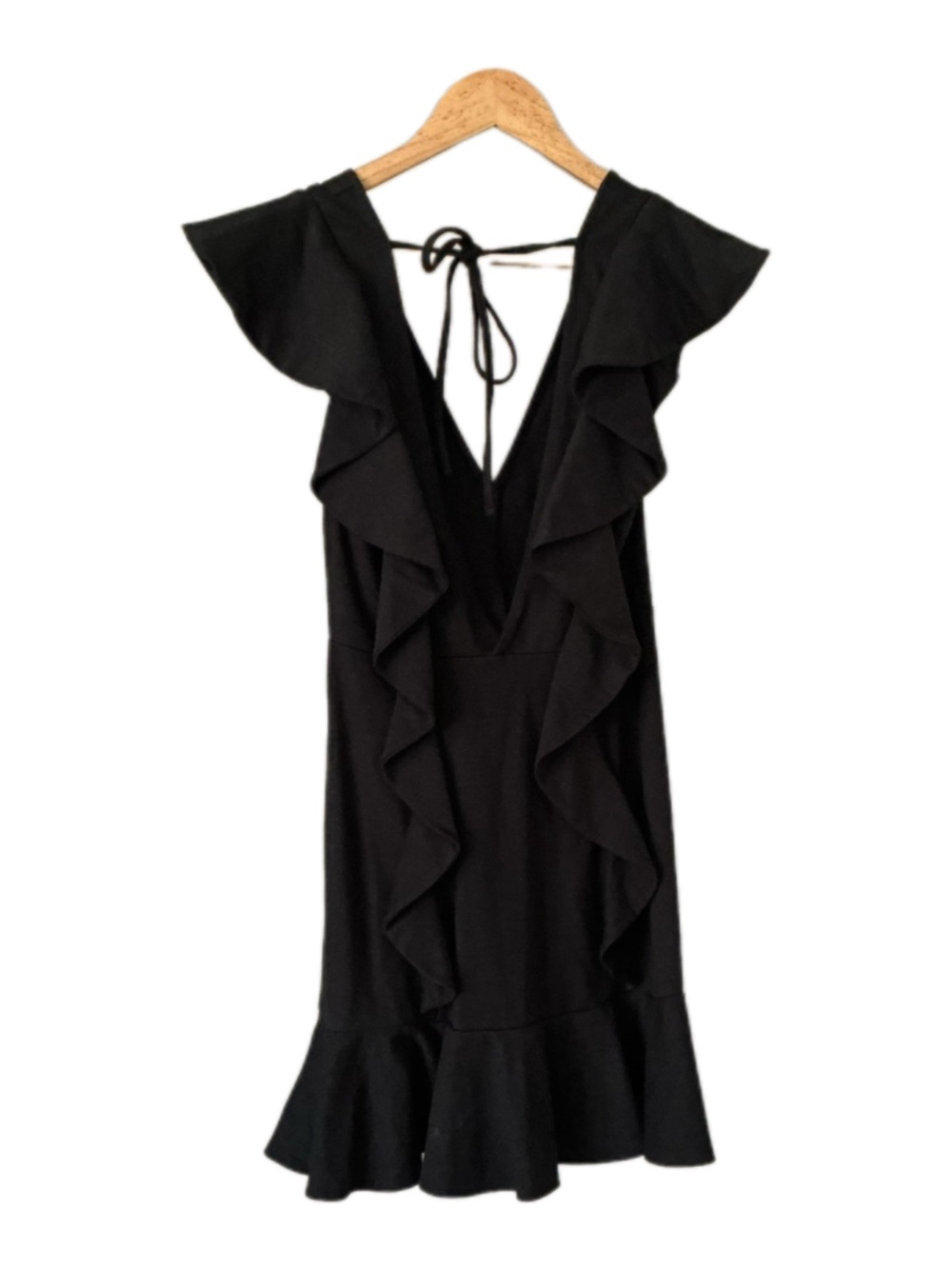 H&M Black Backless Ruffle Deep V-Neck Mini Dress - Picture 3 of 7